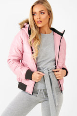 Dusky Pink Faux Fur Hooded Puffer Coat - Kamorah-Coats