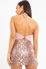 Dusky Pink Knit Halterneck Button Crop Top - Penina-Crop Tops