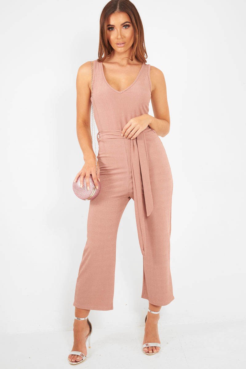 Dusky Pink Plunge Ribbed Tie Waist Jumpsuit - Magdalena-Jumpsuits