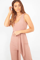 Dusky Pink Plunge Ribbed Tie Waist Jumpsuit - Magdalena-Jumpsuits