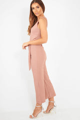Dusky Pink Plunge Ribbed Tie Waist Jumpsuit - Magdalena-Jumpsuits