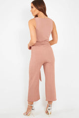 Dusky Pink Plunge Ribbed Tie Waist Jumpsuit - Magdalena-Jumpsuits