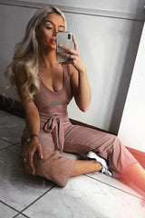 Dusky Pink Plunge Ribbed Tie Waist Jumpsuit - Magdalena-Jumpsuits