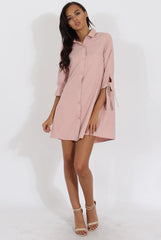 Dusky Pink Suede Tie Cuff Oversized Shirt Dress - Deborah-Dresses