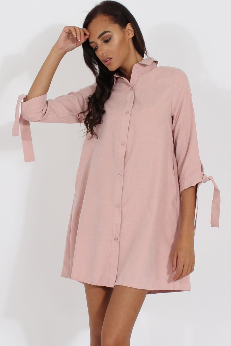 Dusky Pink Suede Tie Cuff Oversized Shirt Dress - Deborah-Dresses