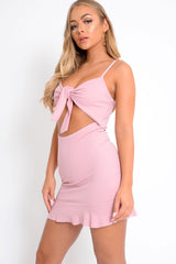 Dusky Pink Tie Front Ruffle Hem Mini Dress - Darianna-Dresses
