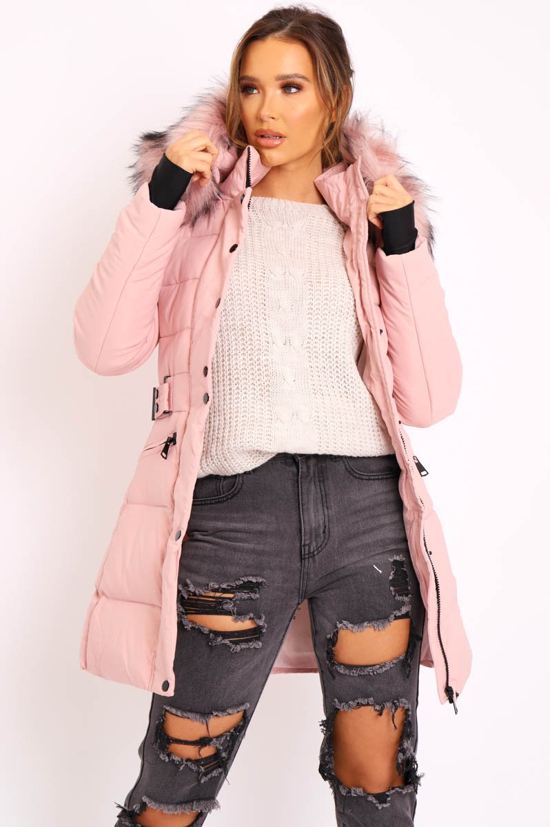 Dusty Pink Adjustable Waist Longline Puffer Coat - Zofia-Coats
