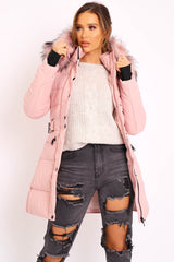 Dusty Pink Adjustable Waist Longline Puffer Coat - Zofia-Coats