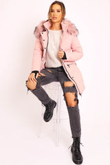 Dusty Pink Adjustable Waist Longline Puffer Coat - Zofia-Coats