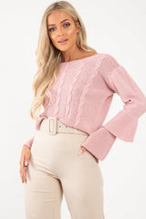 Dusty Pink Chunky Knit Sleeve Detail Jumper - Lillienne-Jumper