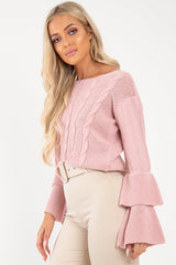 Dusty Pink Chunky Knit Sleeve Detail Jumper - Lillienne-Jumper