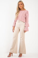 Dusty Pink Chunky Knit Sleeve Detail Jumper - Lillienne-Jumper