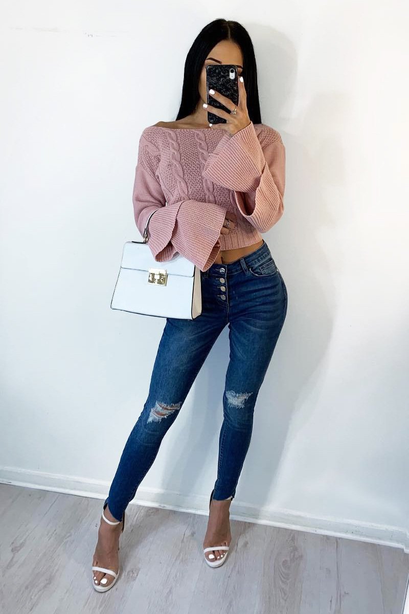 Dusty Pink Chunky Knit Sleeve Detail Jumper - Lillienne-Jumper