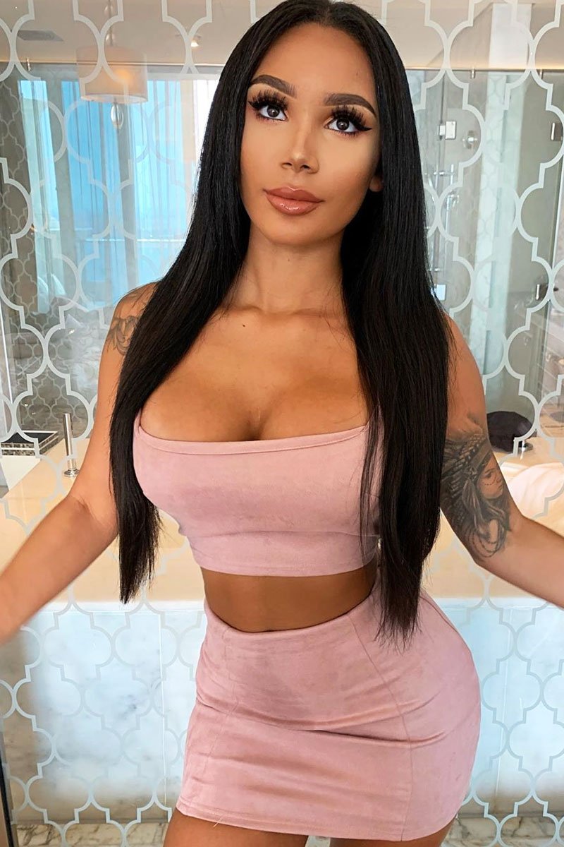 Dusty Pink Faux Suede Crop Top Skirt Co-Ord - Colby-Co-ords
