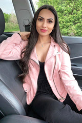 Dusty Pink Faux Suede Zip Front Biker Jacket - Isadora-Jackets