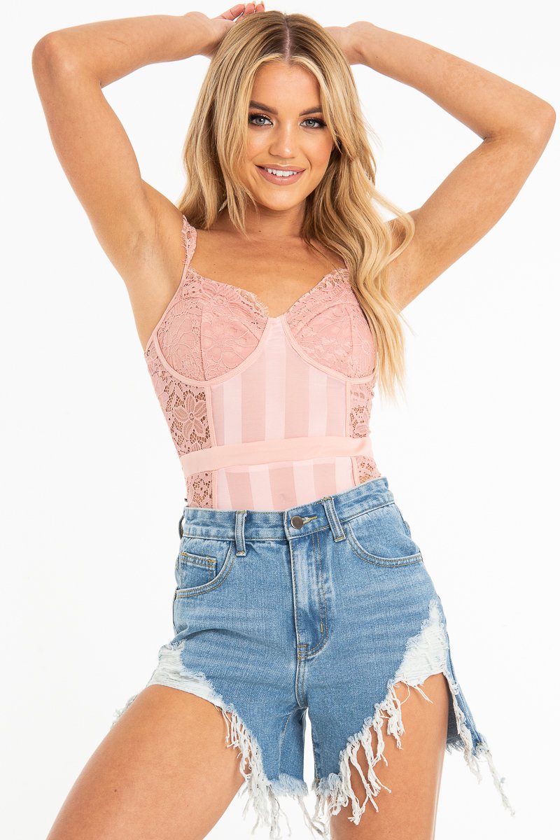 Dusty Pink Lace Mesh Stripe Cup Detail Bodysuit - India-Bodysuits