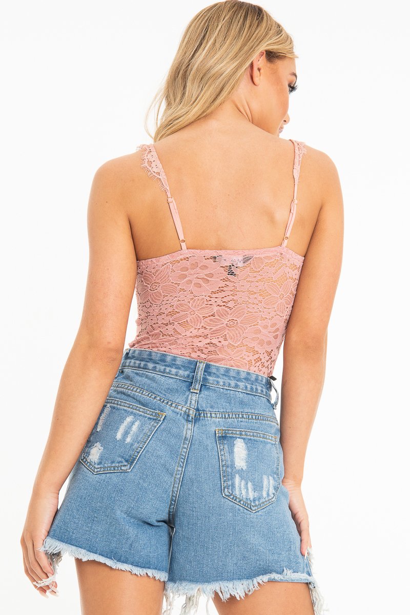 Dusty Pink Lace Mesh Stripe Cup Detail Bodysuit - India-Bodysuits