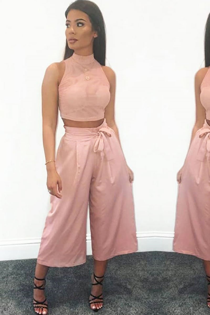 Dusty Pink Mesh Round Neck Crop Top - Carii-Crop Tops