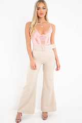 Dusty Pink Satin Lace Plunge Bodysuit - Zaida-Bodysuits