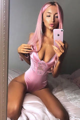 Dusty Pink Satin Lace Plunge Bodysuit - Zaida-Bodysuits