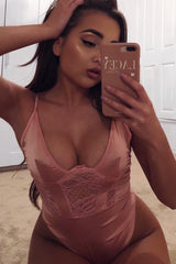 Dusty Pink Satin Lace Plunge Bodysuit - Zaida-Bodysuits