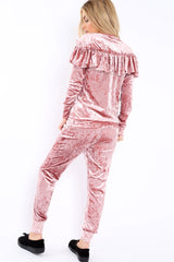 Dusty Pink Velvet Frill Tracksuit - Katey-Loungewear