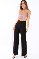Dusty Pink Velvet Mesh Stripe Plunge Crop Top - Sachi-Crop Tops