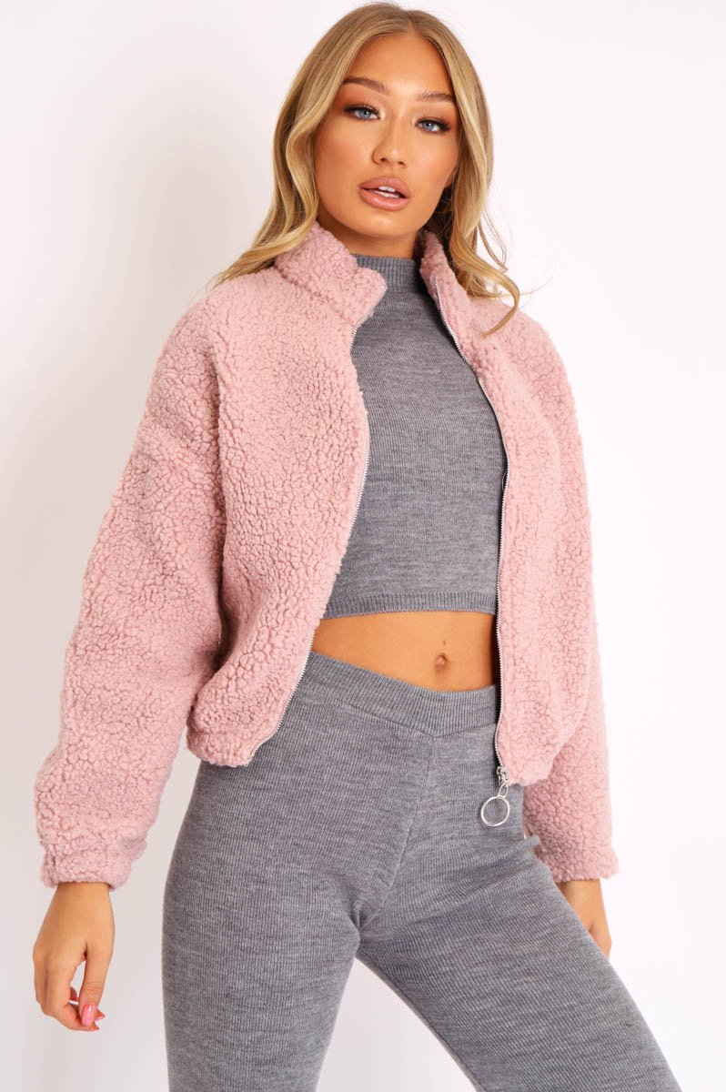 Dusty Pink Zip Front Teddy Jacket - Elena-Jackets