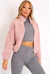 Dusty Pink Zip Front Teddy Jacket - Elena-Jackets