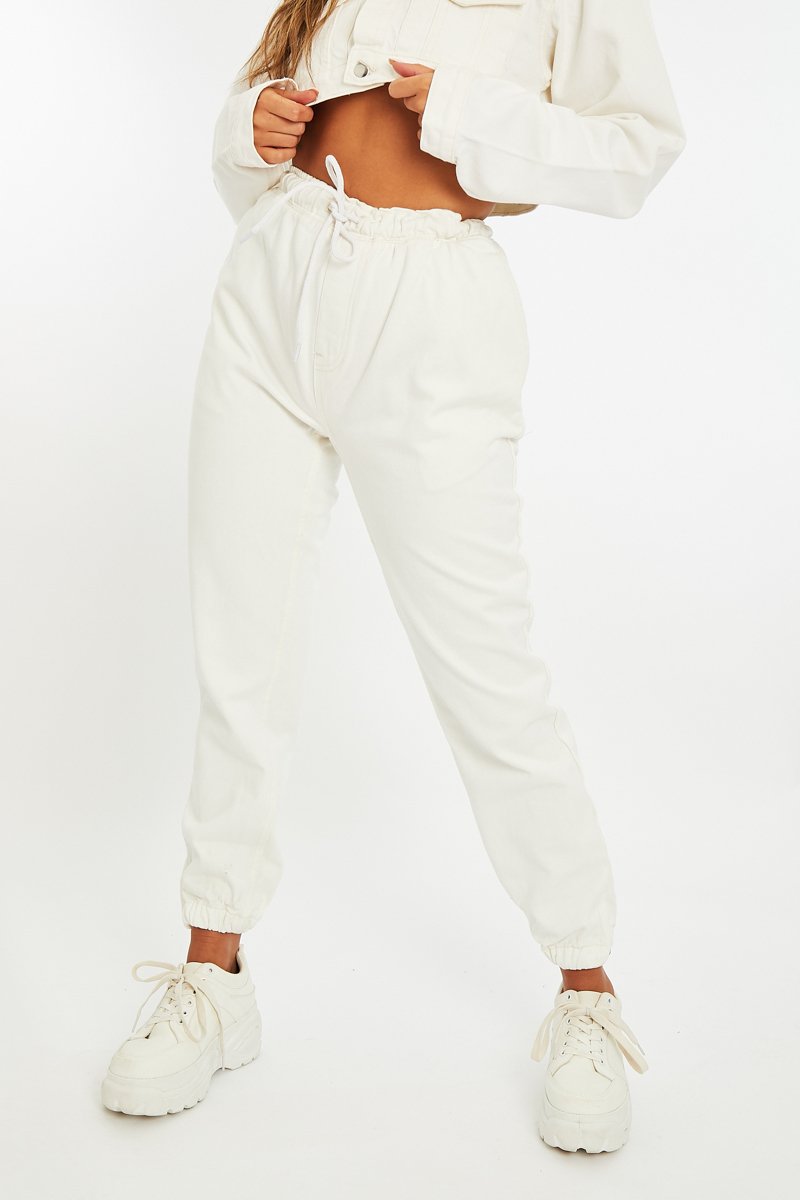 Ecru White Denim Oversized Joggers - Vylette-Joggers