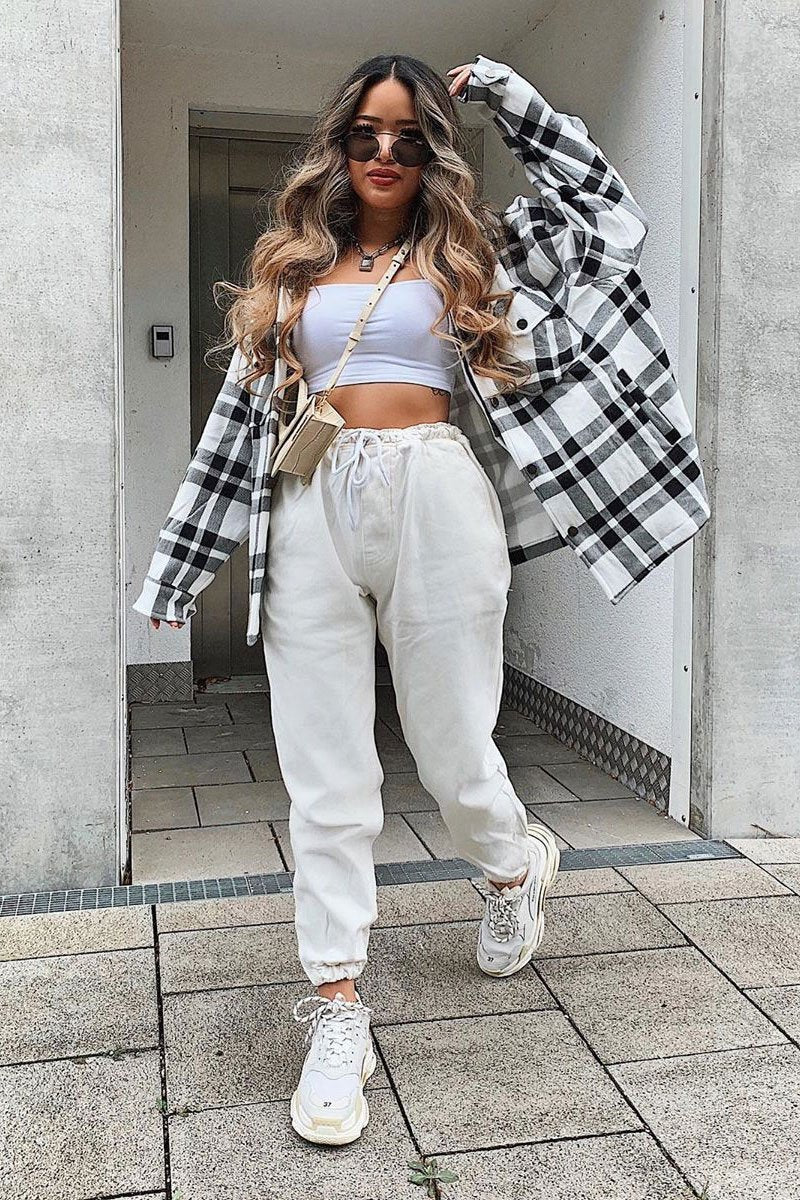 Ecru White Denim Oversized Joggers - Vylette-Joggers