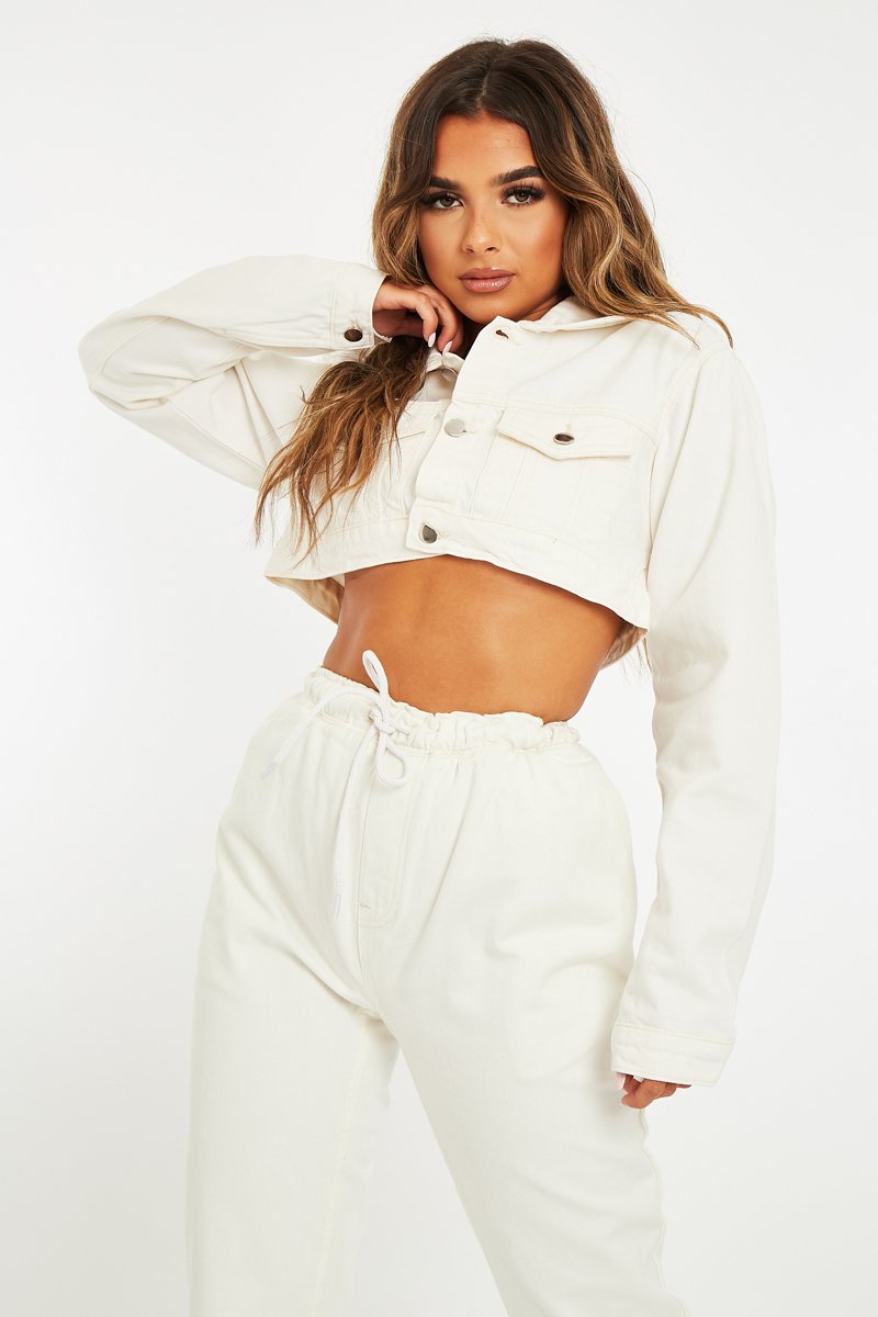 Ecru White Extreme Cropped Denim Jacket - Viana-Denim Jackets