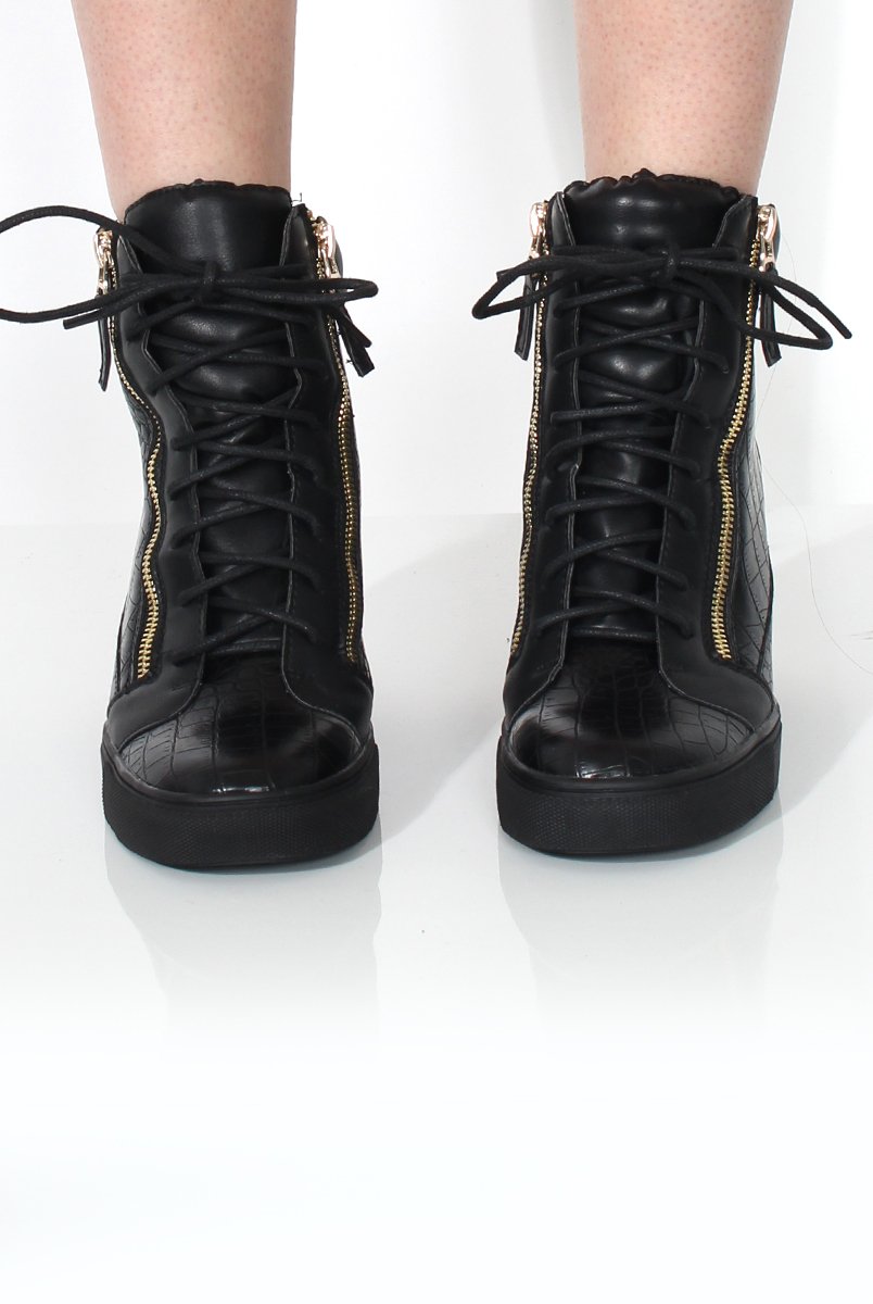 Ednas Black Snakeskin Gold Plate Wedged Trainers-Trainers