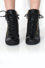 Ednas Black Snakeskin Gold Plate Wedged Trainers-Trainers