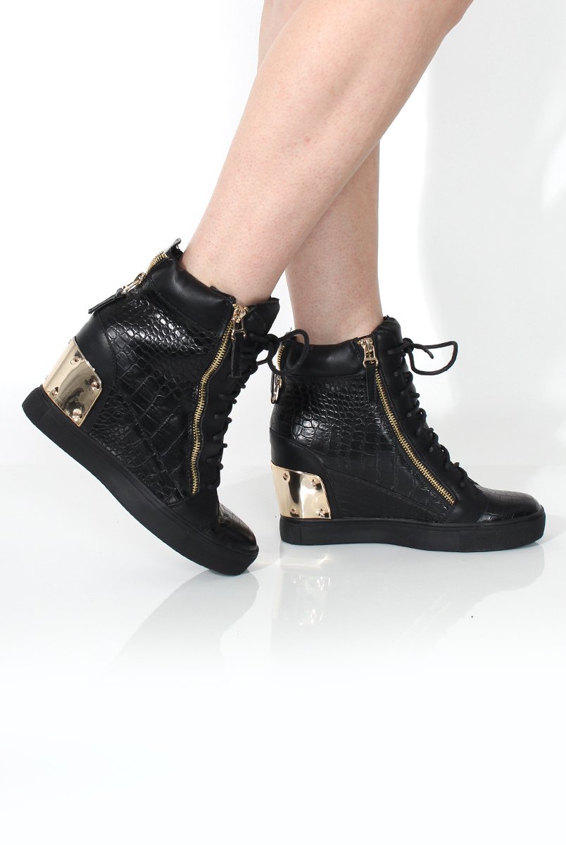 Ednas Black Snakeskin Gold Plate Wedged Trainers-Trainers