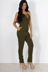 Eilysh Khaki Lace Up Jumpsuit-Jumpsuits
