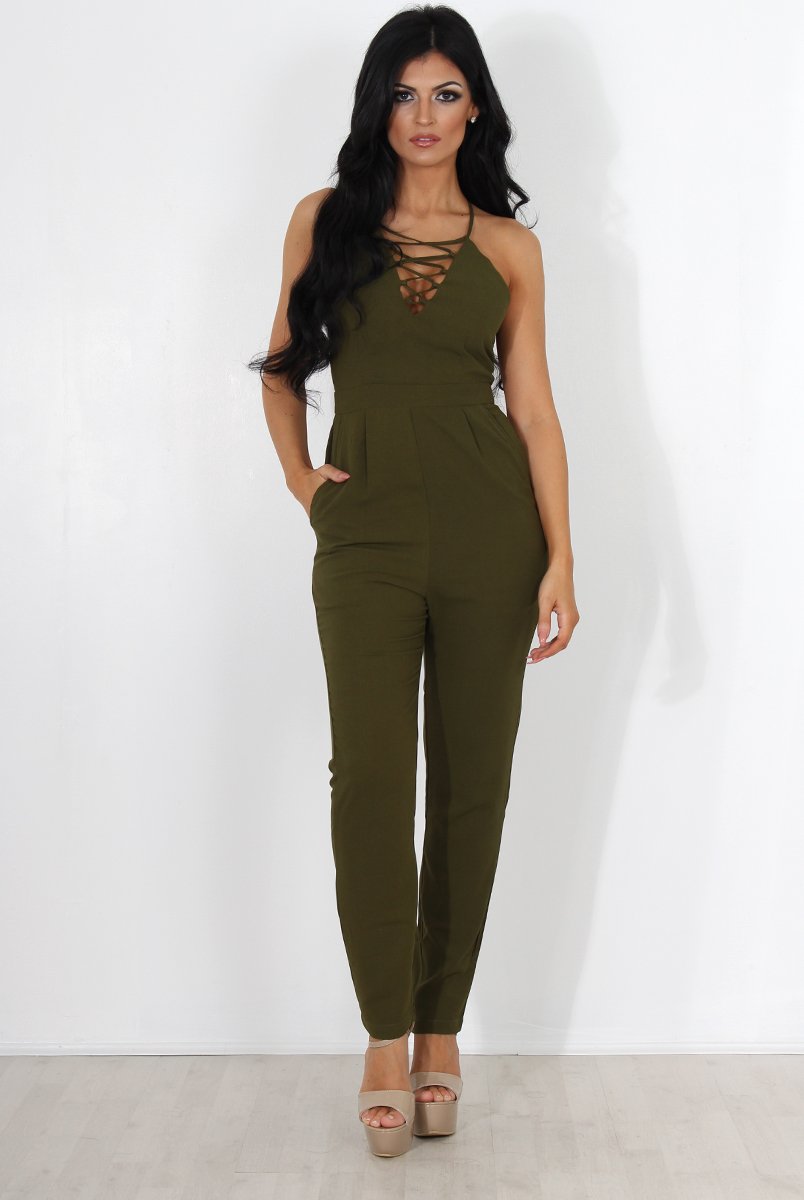Eilysh Khaki Lace Up Jumpsuit-Jumpsuits