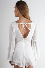 Eleanor White Crochet Bell Sleeve Playsuit-Playsuits