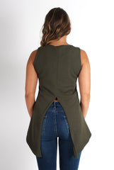 Elena Khaki Tie Front Split Back Top-Tops