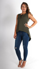 Elena Khaki Tie Front Split Back Top-Tops