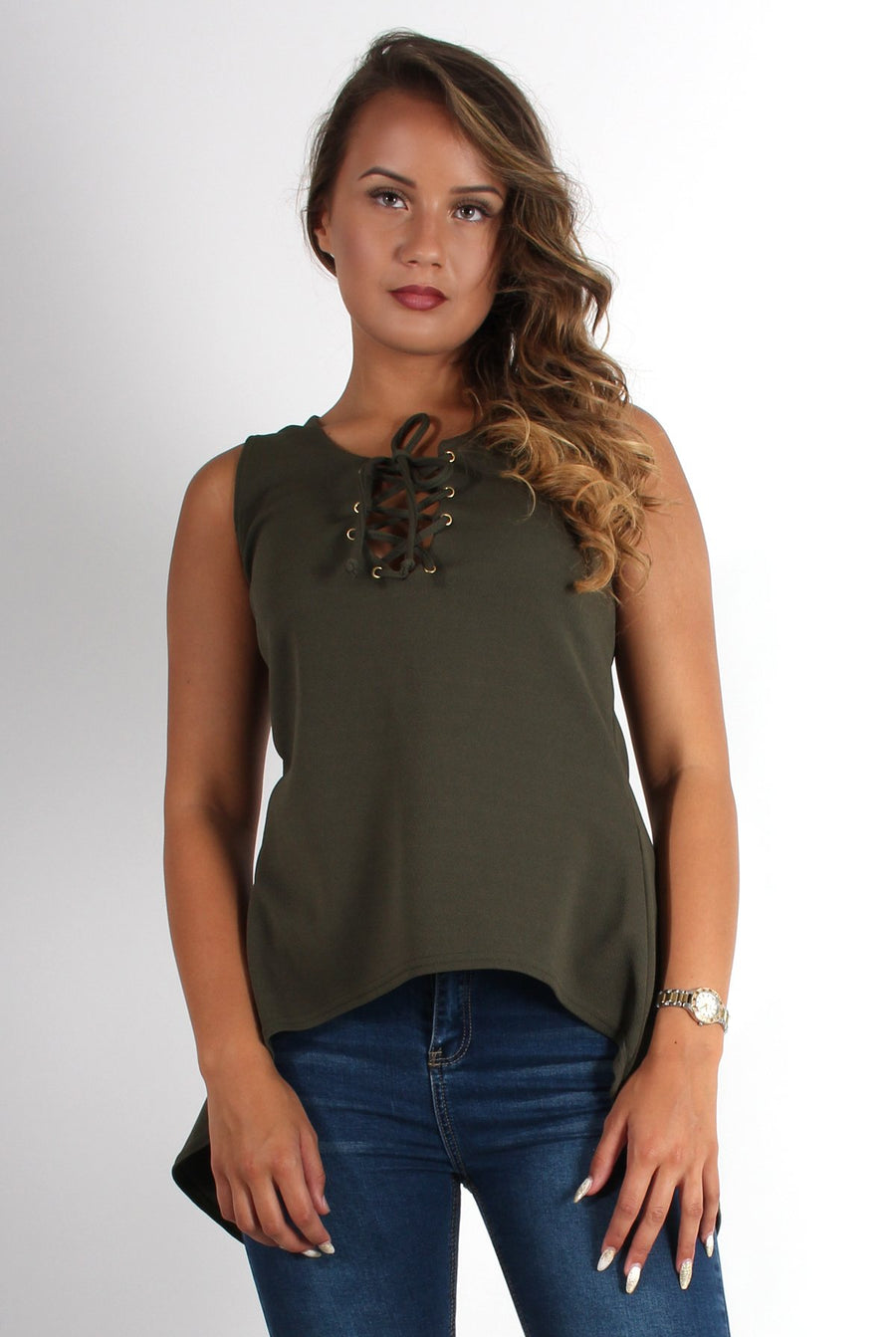 Elena Khaki Tie Front Split Back Top-Tops