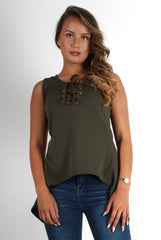 Elena Khaki Tie Front Split Back Top-Tops