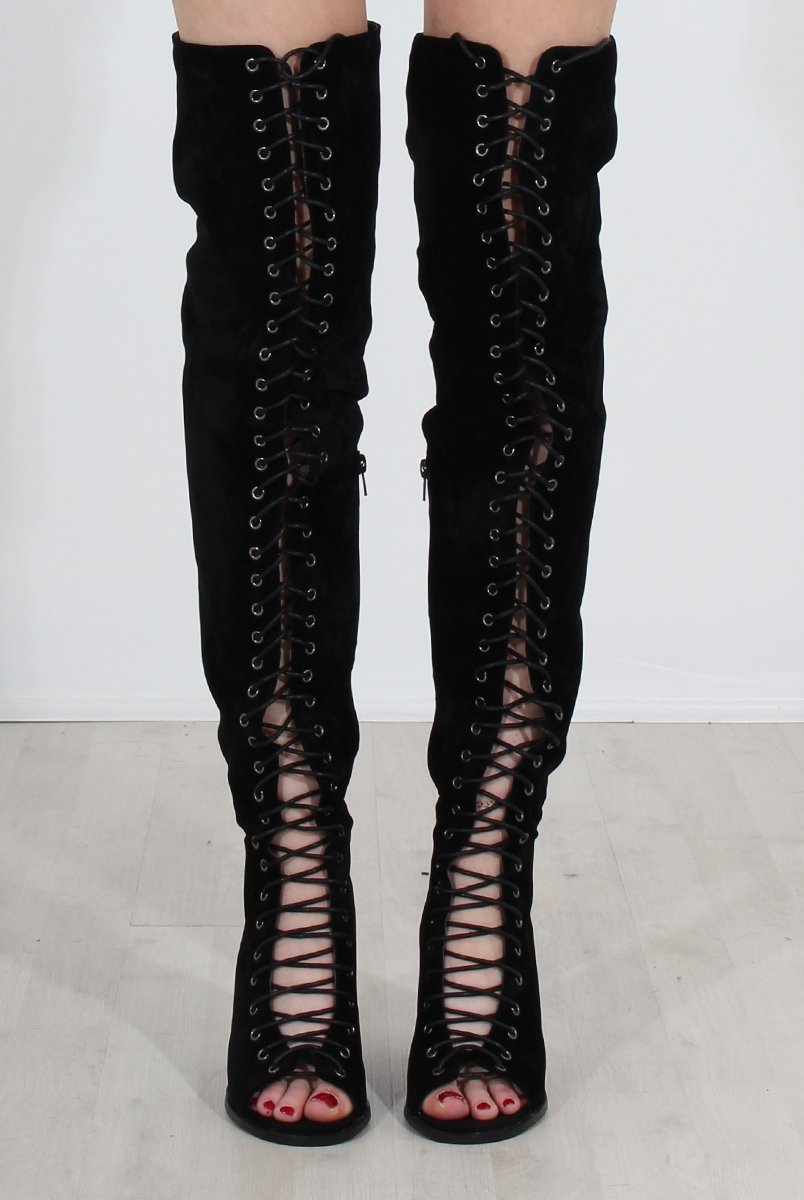 Elita Black Lace Up Over The Knee Boots-Boots