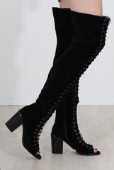 Elita Black Lace Up Over The Knee Boots-Boots