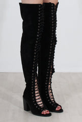 Elita Black Lace Up Over The Knee Boots-Boots