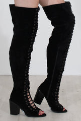 Elita Black Lace Up Over The Knee Boots-Boots