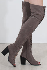 Elita Grey Lace Up Over The Knee Boots-Boots