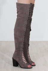 Elita Grey Lace Up Over The Knee Boots-Boots