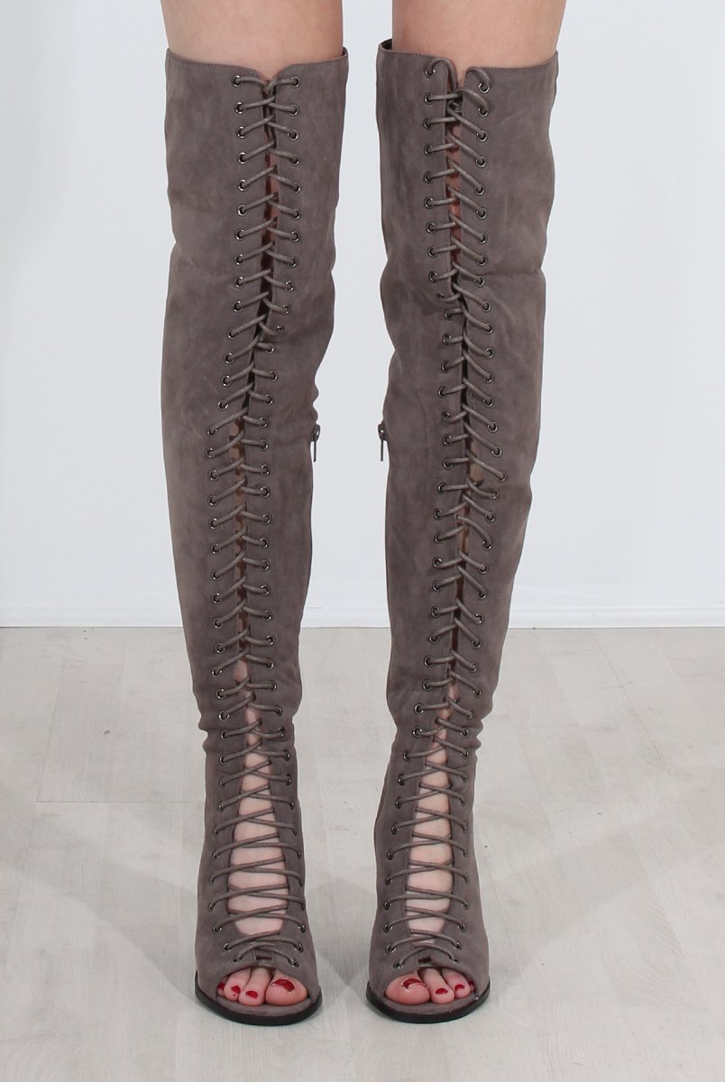 Elita Grey Lace Up Over The Knee Boots-Boots