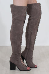 Elita Grey Lace Up Over The Knee Boots-Boots